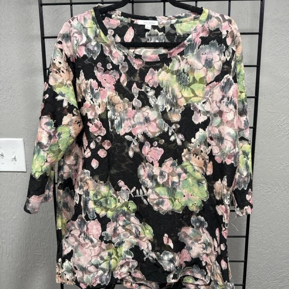 Erm London black floral blouse with pink and green flowers, size L #floral #work